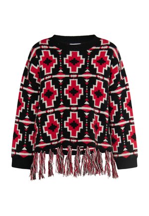 Gebreide trui met een geometrisch patroon in rood, zwart en wit, met een cropped ontwerp en gevlochten franjes aan de zoom.