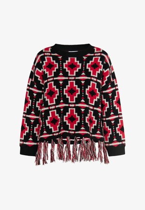 Sweter dziany z geometrycznym wzorem w kolorach czerwonym, czarnym i białym, o skróconym kroju i plecionymi frędzlami na końcu.