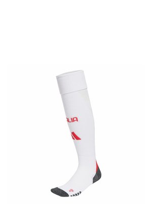 Weißer sportsocken bis zum Knie mit grauer Spitze und Ferse, rotem Logo und Schriftzug an der Seite sowie einem gerippten Bund oben.