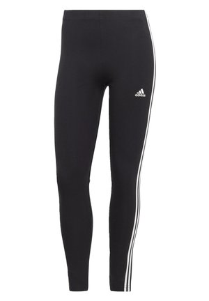 Leggings neri realizzati in tessuto elastico, con una silhouette aderente, vita elastica e dettagli a tre strisce bianche sui lati.