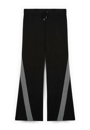Pantalones de pierna ancha negros con cintura ajustable, con rayas diagonales grises a los lados, hechos de una tela suave y texturizada.