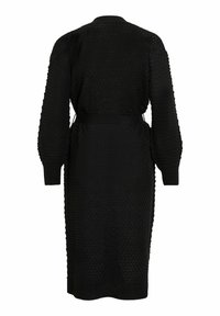 Cardigan noir en tricot avec un motif texturé, des manches longues, une taille ceinturée et des poignets côtelés. Longueur mi-longue avec un col rond.