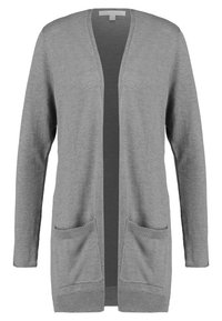 Cardigan grigio chiaro realizzato in morbido tessuto a maglia, con apertura frontale, maniche lunghe e due tasche anteriori con texture a coste.