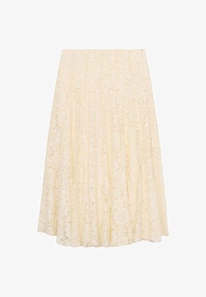 Krémová čipkovaná midi sukňa s kvetinovým vzorom, skladaným dizajnom a hladkou textúrou. Pás je plochý a dĺžka sukne končí pod kolenami.