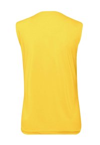 Top senza maniche in tessuto giallo brillante, con una texture liscia, scollatura rotonda e una vestibilità rilassata con un orlo leggermente curvo.