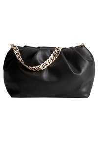 Sac à main en cuir noir au design froissé, avec une poignée en chaîne dorée. Le matériau a une texture lisse et mate.