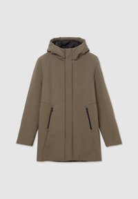 Cappotto con cappuccio, di lunghezza al ginocchio, in verde oliva, con una texture liscia, chiusura frontale con zip e due tasche laterali con zip. Fodera interna nera.