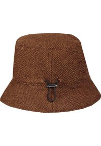 Brun buksedragt hat med fiskebensmønster lavet af struktureret materiale, der har en snorelukning med en metallisk detalje.