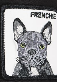 Embroidered patch featuring a grey French Bulldog with green eyes on white leather, outlined in black stitching, labeled "FRENCHIE."