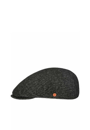 Dunkelgraue Heringbone-Flachkappe mit einem kleinen runden rot-orangenen Logo-Abzeichen an der Seite.
