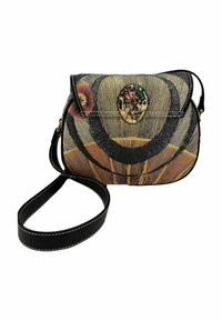 Borsa a tracolla in tessuto testurizzato con motivi circolari e floreali in tonalità terrose. Tracolla in pelle nera con dettagli di cucitura bianca.