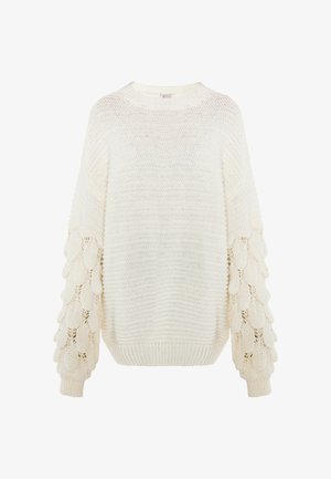 Kremno barvan pleten pulover s krožnim izrezom, z raznolikimi, valovitimi rokavi in ribastim robom. Lahka, ohlapna zasnova.