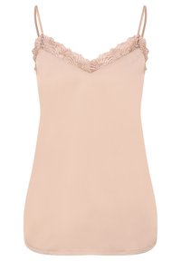 Top de camisolinha rosa claro com delicados detalhes de renda ao longo da gola e alças ajustáveis, apresentando uma textura suave e macia e um corte solto.