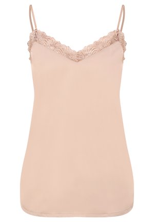 Lichtroze camisole-top met delicate kantafwerking langs de Halslijn en verstelbare bandjes, met een gladde, zachte textuur en een ontspannen pasvorm.