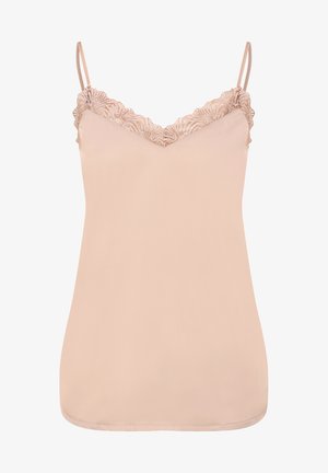 Lichtroze camisole-top met delicate kantafwerking langs de Halslijn en verstelbare bandjes, met een gladde, zachte textuur en een ontspannen pasvorm.