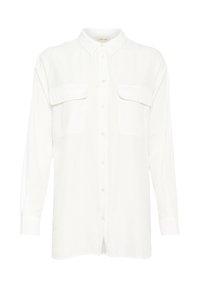 Camicia bianca a maniche lunghe realizzata in un tessuto leggero, con colletto classico e due tasche frontali sul petto.