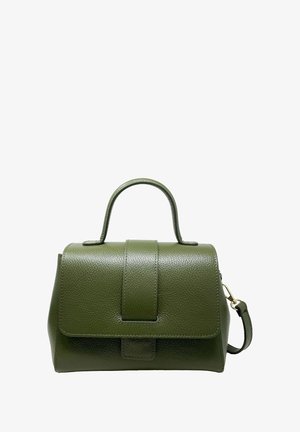 Green leather handbag with a structured shape, top handle, and adjustable shoulder strap. Features a front flap closure and subtle texture.