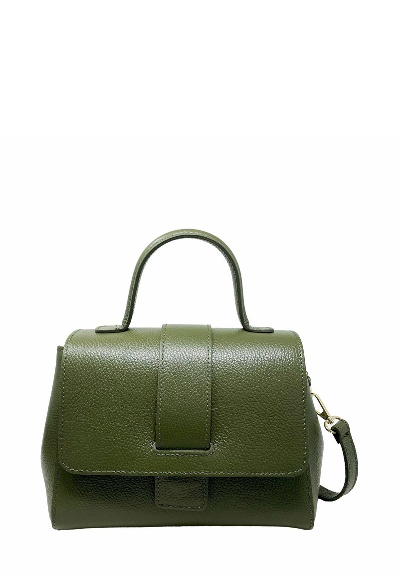 Borsa a mano in pelle verde con una forma strutturata, manico superiore e tracolla regolabile. Presenta una chiusura a pattina frontale e una texture sottile.