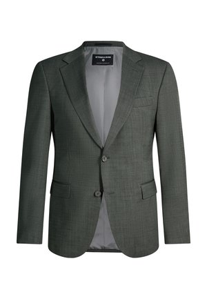 Ciemnozielona, teksturowana marynarka męska z klapami z wycięciem, dwoma guzikami z przodu, kieszeniami na klapach oraz szarą podszewką wewnętrzną.