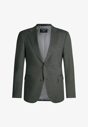 Dunkelgrüner strukturierten Herrenblazer mit Kreuzrevers, Zwei-Knopf-Verschluss, Pattentaschen und einem grauen Innenfutter.