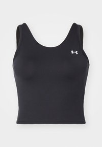 Top corto sportivo nero realizzato in tessuto elasticizzato, con scollatura a girocollo, spalline larghe e un piccolo logo bianco sul petto.