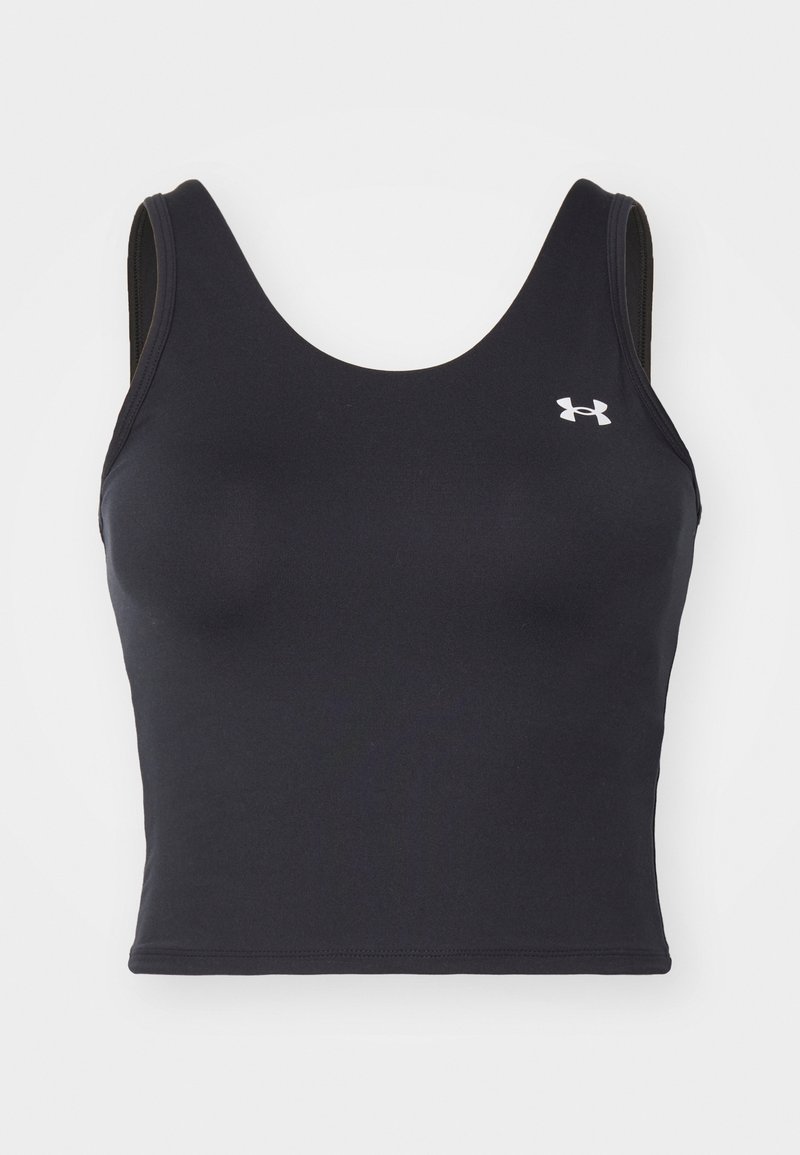 Top corto sportivo nero realizzato in tessuto elasticizzato, con scollatura a girocollo, spalline larghe e un piccolo logo bianco sul petto.