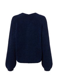 Donkerblauwe fuzzy gebreide trui met lange ballonmouwen en een licht ronde zoom, van de achterkant getoond op een witte achtergrond.