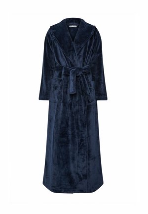Granatowy pluszowy szlafrok z kołnierzem szalowym, długimi rękawami, wiązaniem w pasie i dwiema przednimi kieszeniami. Miękka faktura i długość do pełnej długości.