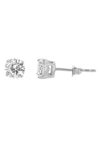 Boucles d'oreilles rondes ornées d'un cristal clair et étincelant dans un sertissage en griffes, avec une tige et un fermoir en métal argenté épuré.