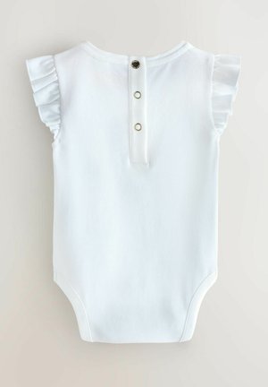 Valge puuvillane bodi lehvikukujuliste lühikeste varrukatega, ümmarguse kaelusega ja kolme metallist trukiga tagaküljel sulgemiseks.