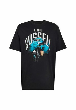 Black cotton t-shirt featuring a graphic print of a blue racing helmet and "George Russell" text in white and turquoise. Short sleeves, crew neck.