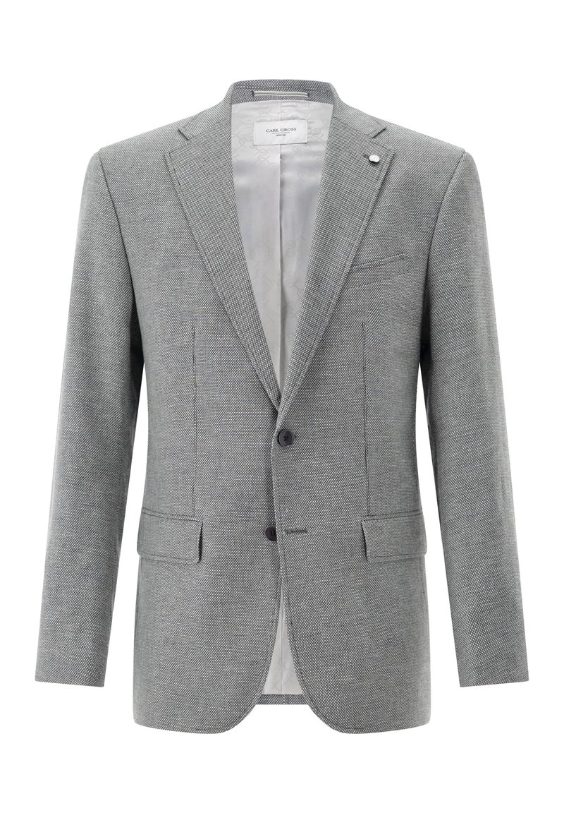 Grey houndstooth patterned blazer, made of textured fabric, features a notched lapel, two buttons, and two front pockets, with a satin lining.