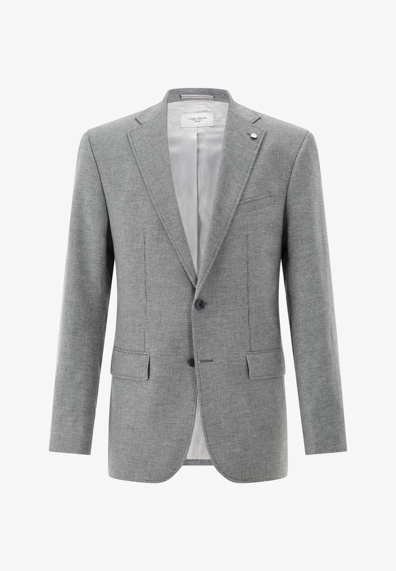 Grau karierter Blazer aus strukturiertem Stoff, mit Reverskragen, zwei Knöpfen und zwei Vorderaschen, mit satinierter Innenauskleidung.