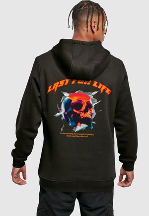 Black hoodie featuring a colorful skull graphic on the back with the text "LAST FOR LIFE." Made of soft fabric with long sleeves and a drawstring hood.
