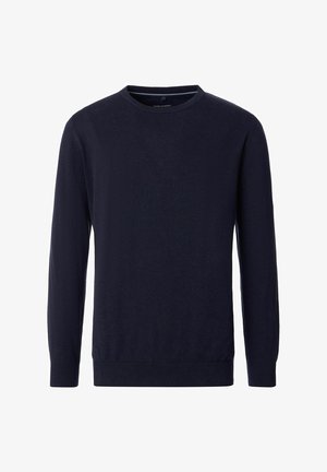Navy blue knit sweater with a crew neckline, long sleeves, and ribbed cuffs and hem. Smooth texture, simple design, and no patterns.