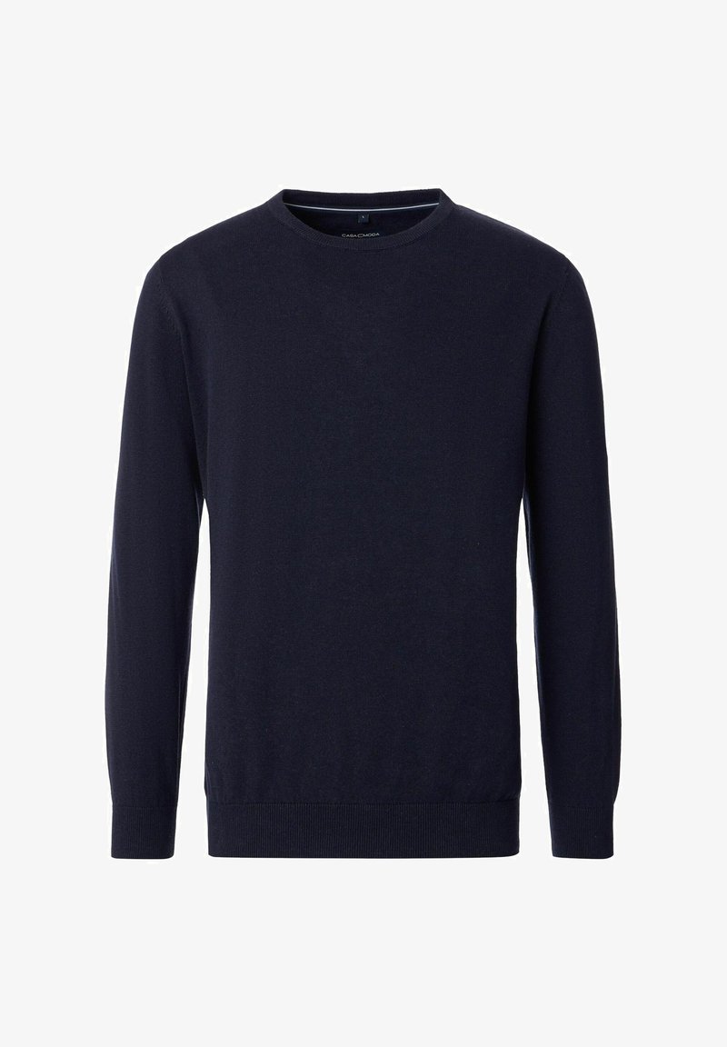 Marineblauer Strickpullover mit Rundhalsausschnitt, langen Ärmeln und gerippten Bündchen sowie Saum. Glatte Textur, schlichtes Design und ohne Muster.