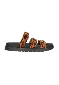 Sandali con stampa leopardata marrone, dotati di due cinturini regolabili, suola nera e una soletta spessa per il comfort. Design leggero, materiale testurizzato.