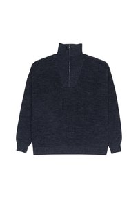 Pull en tricot gris foncé avec des manches longues et un col montant en côte zippé à quart, posé à plat sur un fond blanc.