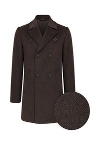 Ciemnobrązowy, dwurzędowy płaszcz z mieszanki wełny, z klapowym kołnierzem, dwoma kieszeniami i okrągłym fragmentem teksturowanej tkaniny.