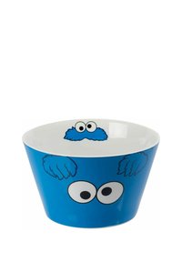 Ciotola in ceramica con forma conica, esterno blu vibrante e interno bianco con grafiche del Cookie Monster e grandi occhi da cartone animato.