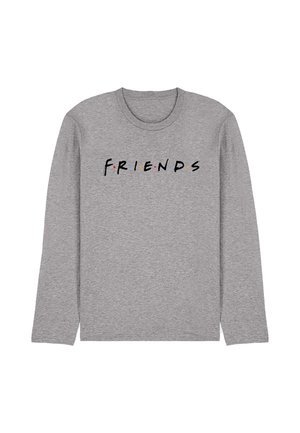 Gray long-sleeve crewneck shirt with the word "FRIENDS" in black uppercase letters, each separated by a small colored dot.