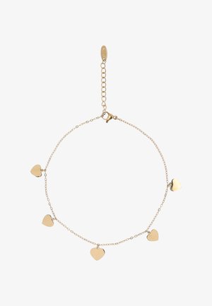 Delikat guldarmbånd med fem jævnt fordelt hjerteformede vedhæng og en justerbar lås.