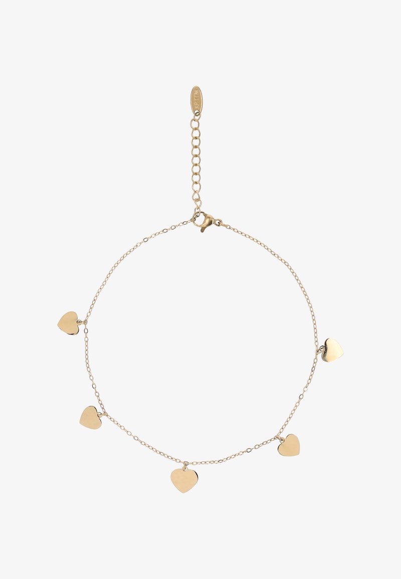 Delikat guldarmbånd med fem jævnt fordelt hjerteformede vedhæng og en justerbar lås.