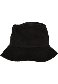 Sort bucket hat lavet af blødt, tekstureret stof med en bred, cirkulær skygge og et foldet bånd øverst, hvilket skaber en afslappet, uformel form.