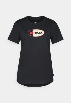 Mustra musta puuvillane T-särk, millel on ringkaelus, lühikesed varrukad ja esiosas kesksel "airmax" logo punase ja kreemika värviga.