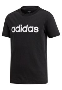 Camiseta negra de manga corta de Adidas con el logotipo de Adidas en blanco y en negrita en el pecho, cuello redondo y etiqueta de tamaño pequeño en el interior del collar.