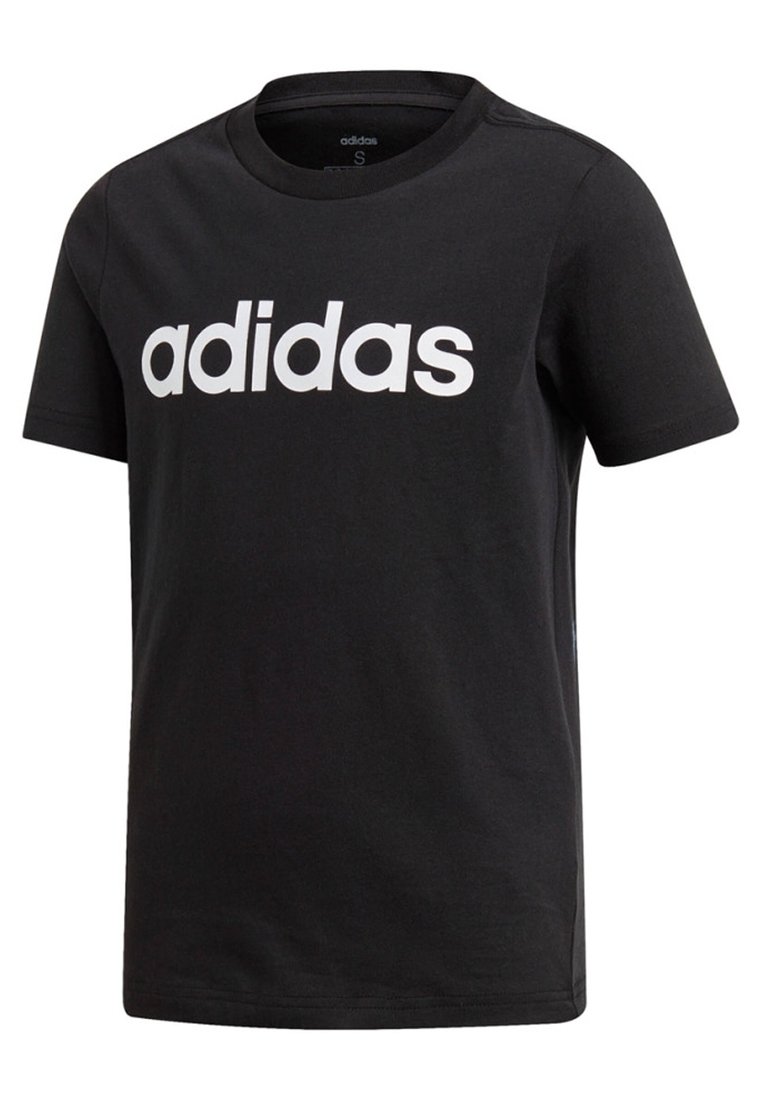 Camiseta negra de manga corta de Adidas con el logotipo de Adidas en blanco y en negrita en el pecho, cuello redondo y etiqueta de tamaño pequeño en el interior del collar.