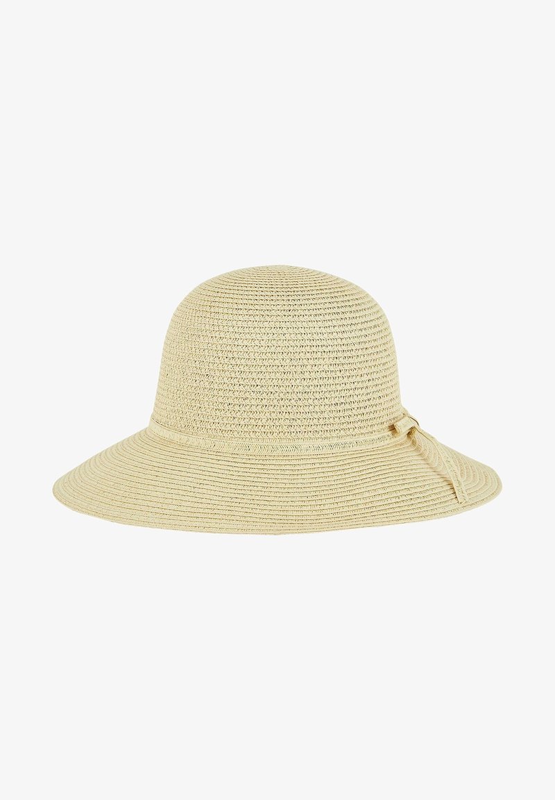 Chapeau de paille beige à large bord avec une calotte arrondie et un petit nœud décoratif sur le côté.