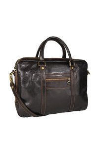 Brown leather bag with tan stitching, dual rounded handles, detachable shoulder strap, front zip pocket, and sleek rectangular shape.