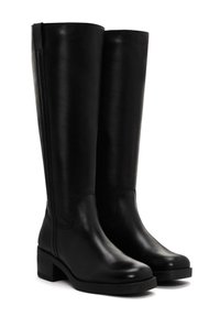 Bottes noires en cuir montantes, avec une finition lisse, un talon carré et de légères coutures sur les côtés.